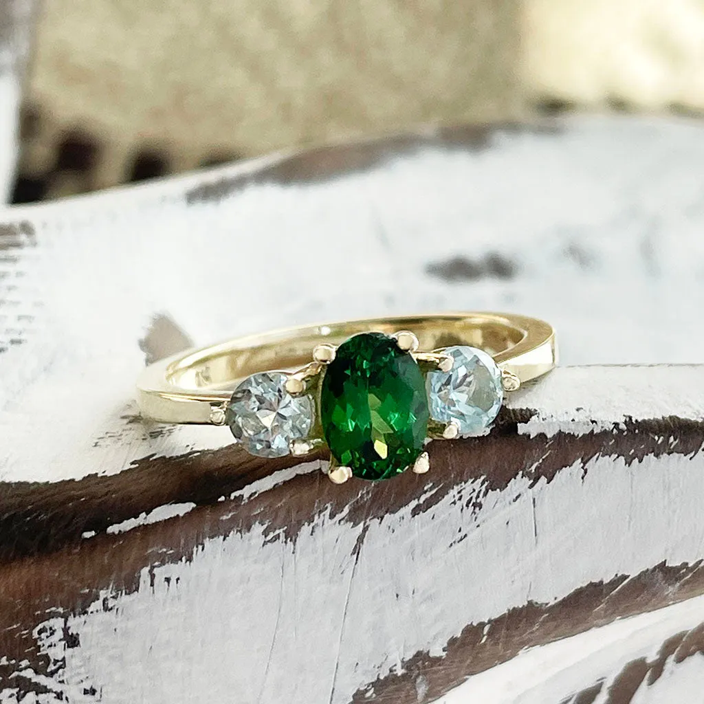 Playful Tsavorite and Aquamarine Yellow Gold Ring