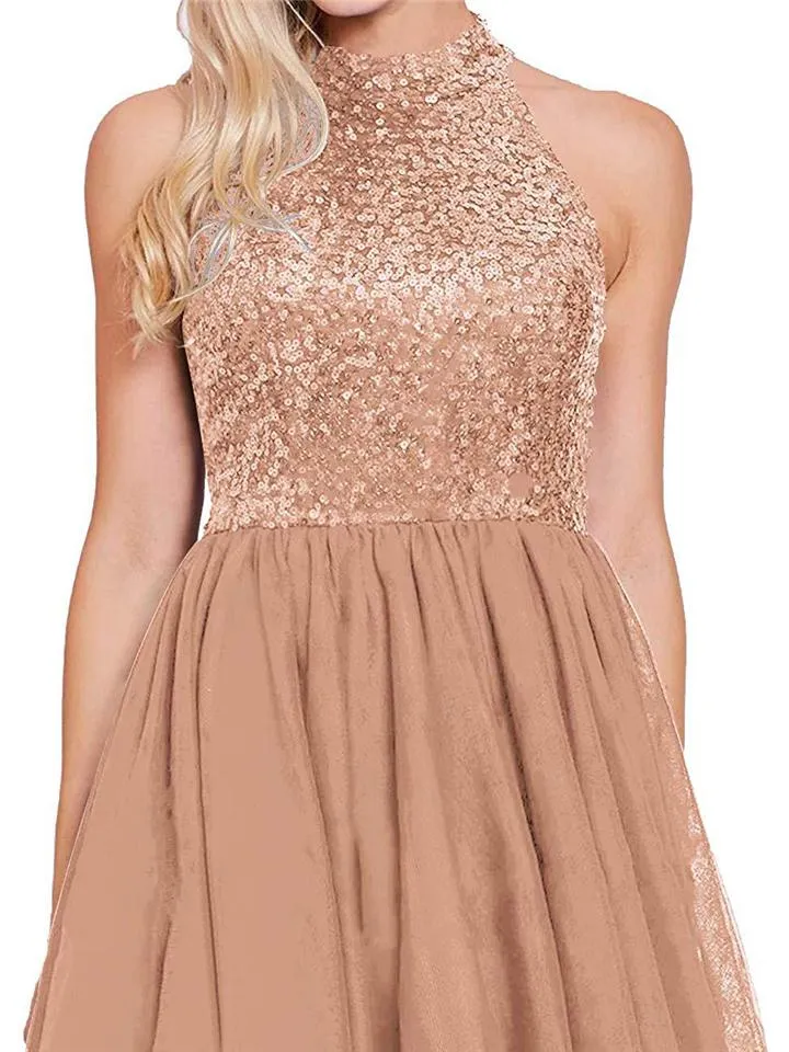 Pretty Rose Gold Sequin A-Line Halter Cocktail Dresses For Party