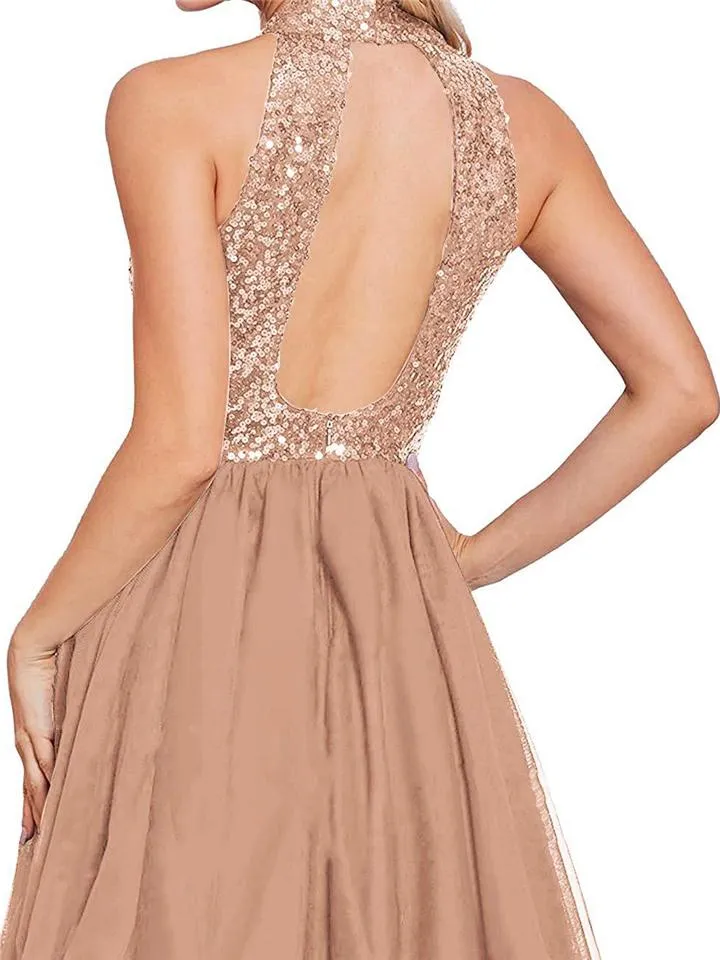 Pretty Rose Gold Sequin A-Line Halter Cocktail Dresses For Party