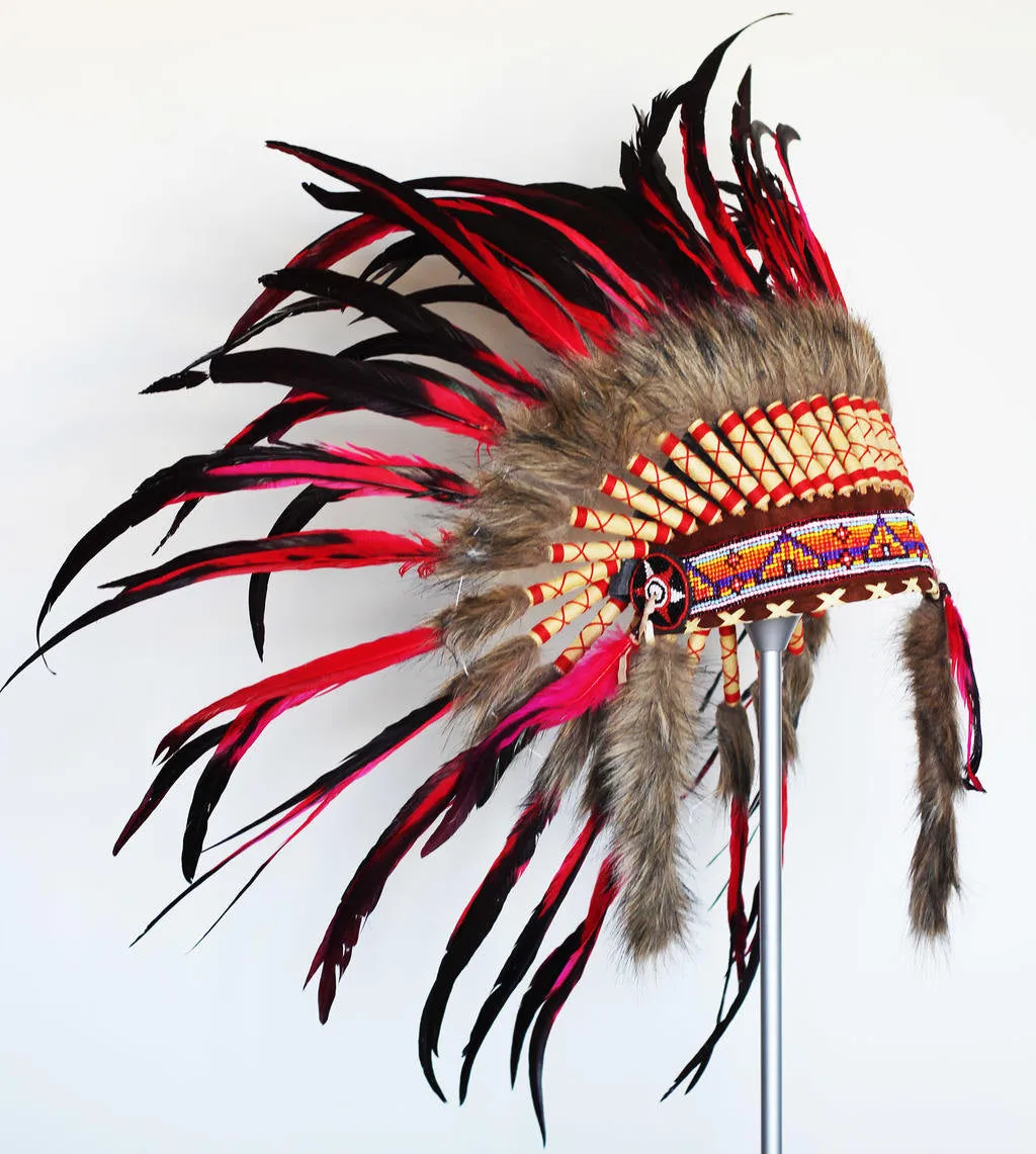 PRICE REDUCED X11 - Indian Red and Black Feather Headdress / Warbonnet