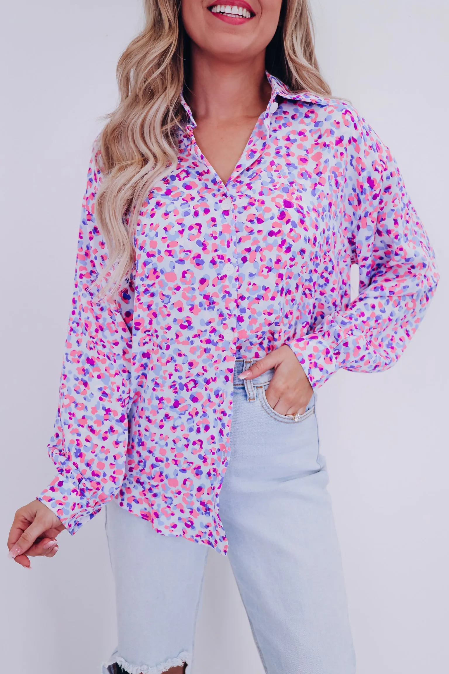 Purrfectly Playful Button Up Blouse - Purple Multi