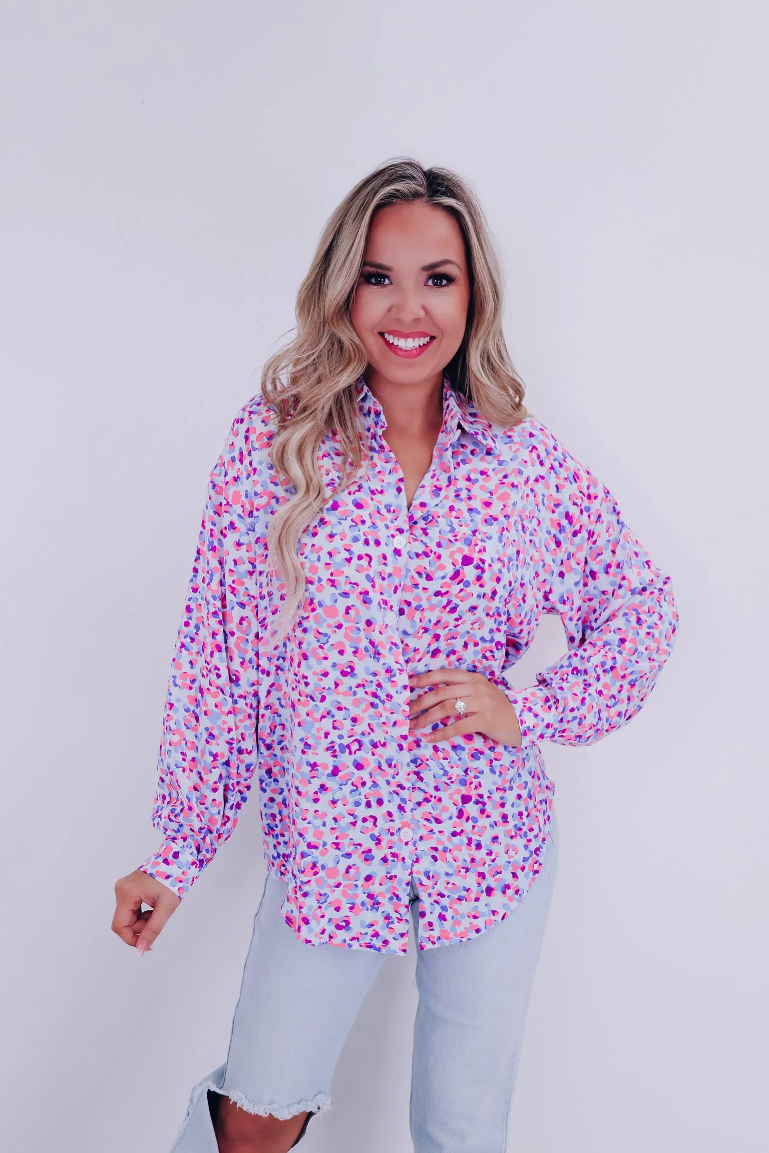 Purrfectly Playful Button Up Blouse - Purple Multi