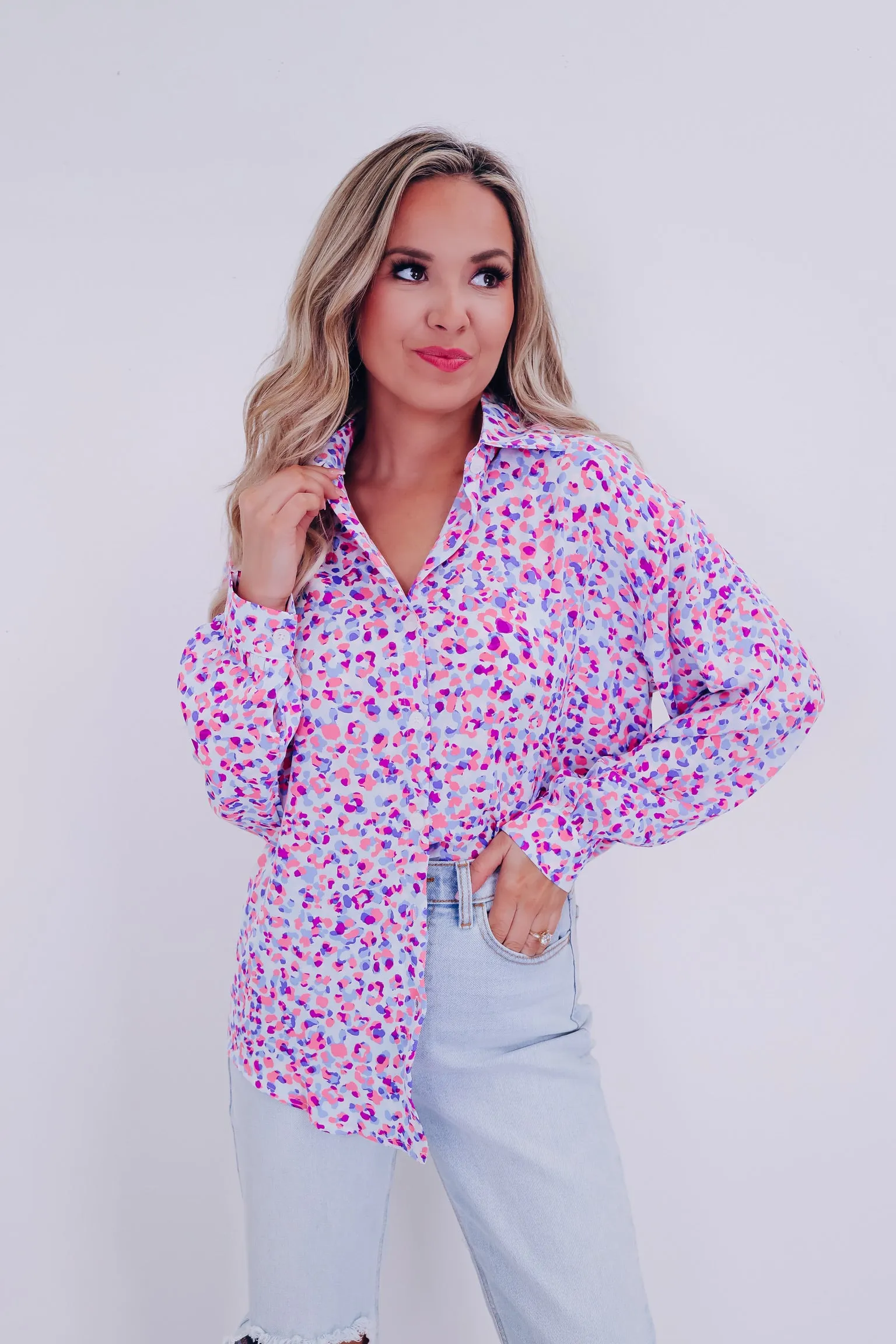 Purrfectly Playful Button Up Blouse - Purple Multi