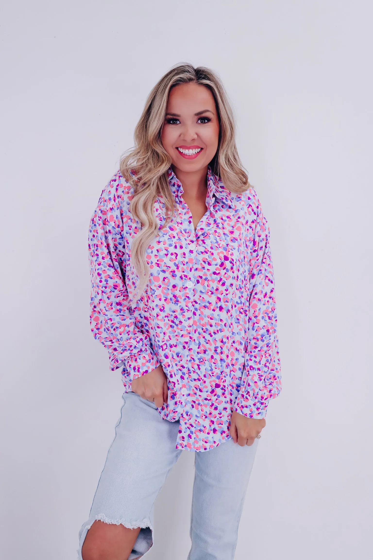 Purrfectly Playful Button Up Blouse - Purple Multi
