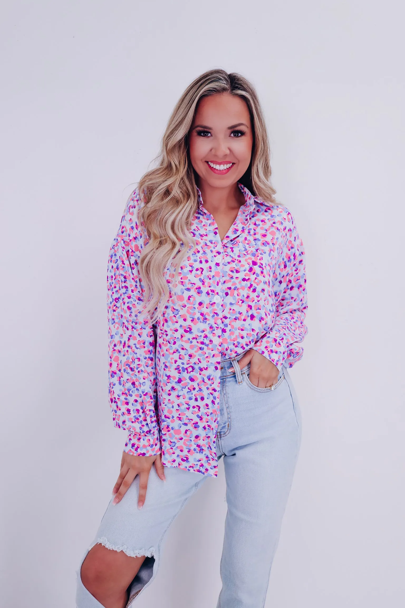 Purrfectly Playful Button Up Blouse - Purple Multi