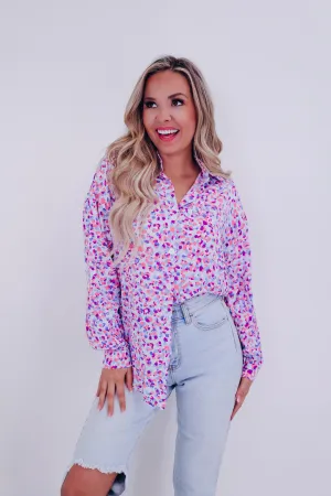 Purrfectly Playful Button Up Blouse - Purple Multi