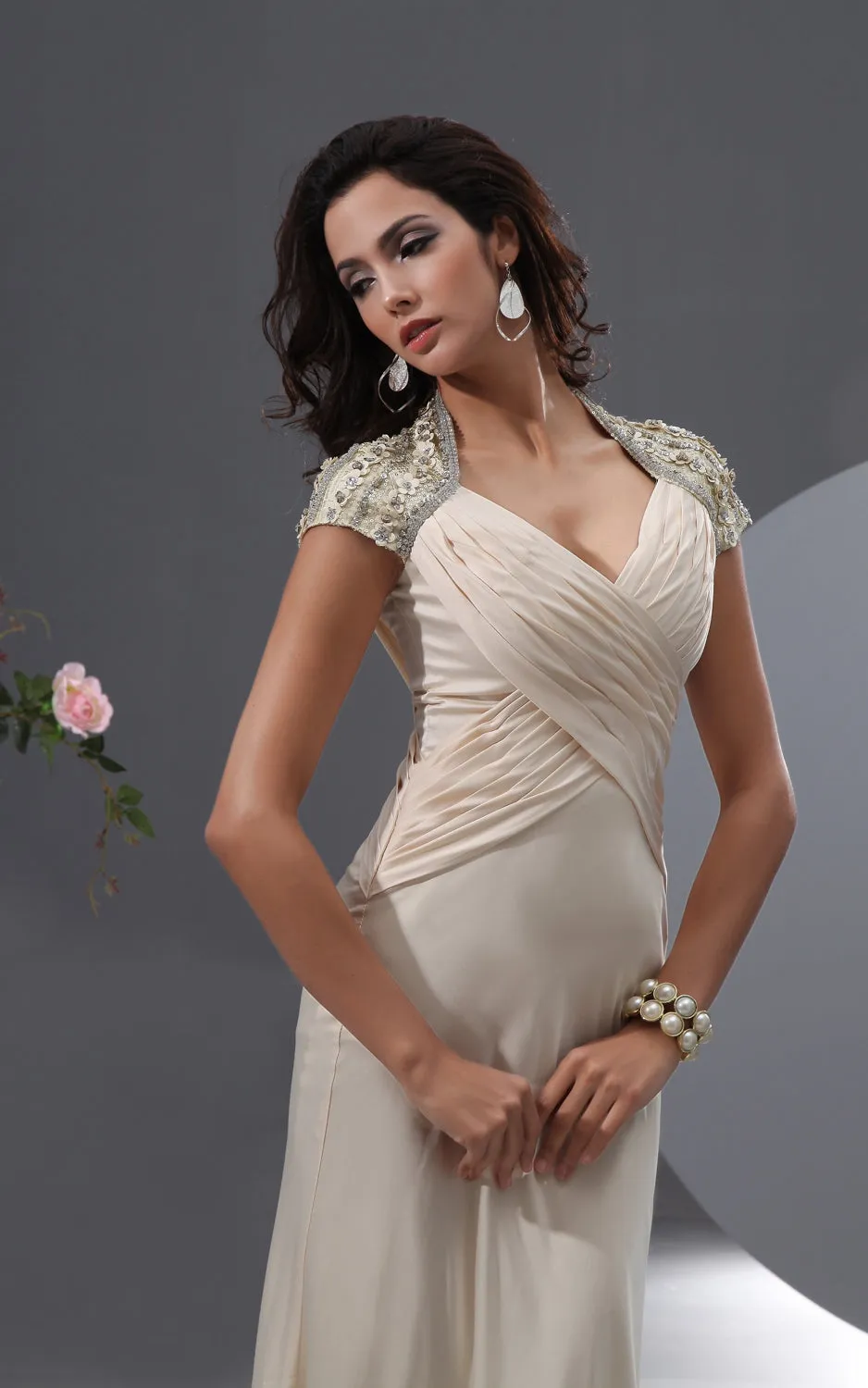Queen Anne Graceful Gown With Shiny Floral Cap-Sleeves-GC_312334