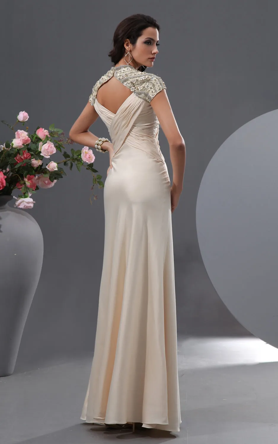 Queen Anne Graceful Gown With Shiny Floral Cap-Sleeves-GC_312334