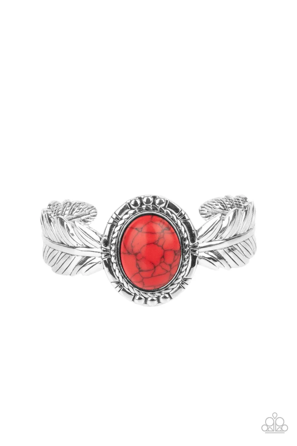 " Western Wings " Silver Metal & Red Crackle Stone Feather Detail Cuff Bracelet