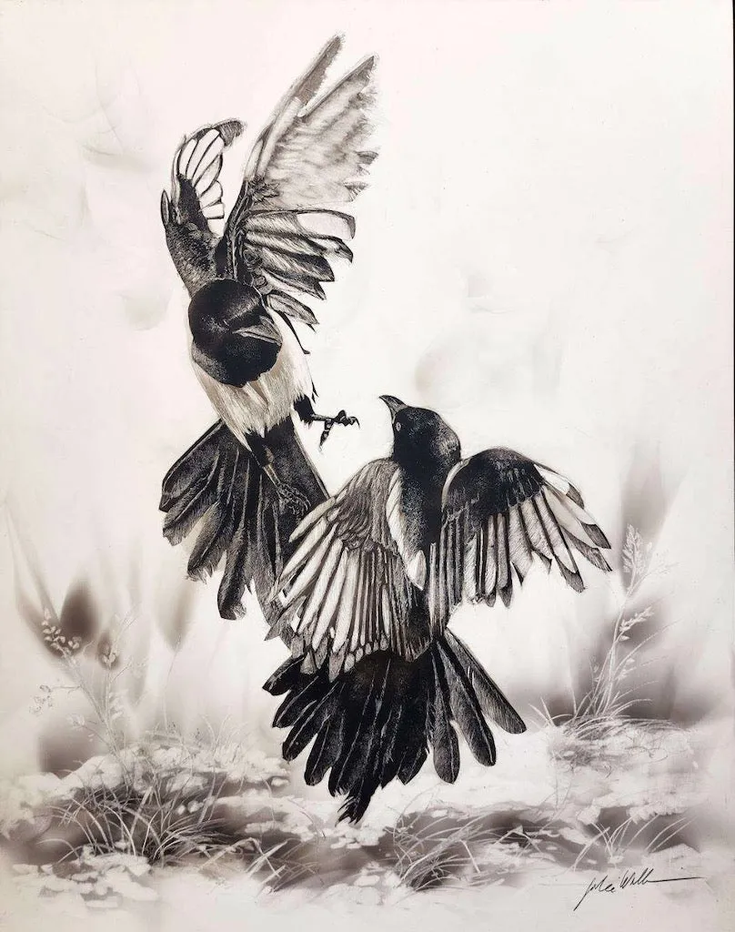 "PLAYFUL MAGPIES" Original Fumage Drawing on Clay Board/Framed