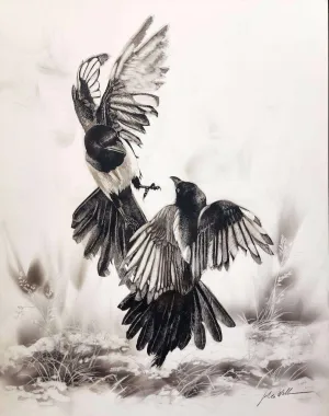 "PLAYFUL MAGPIES" Original Fumage Drawing on Clay Board/Framed