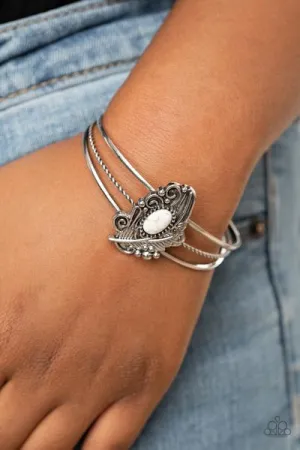 "Sahara Solstice" Silver Metal & White Crackle Stone Feather Cuff Bracelet