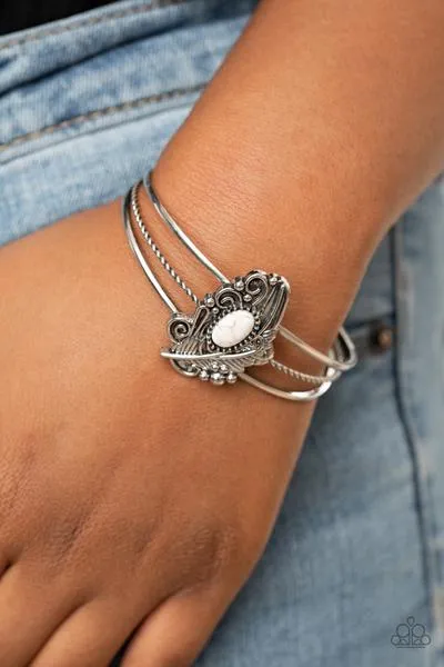 "Sahara Solstice" Silver Metal & White Crackle Stone Feather Cuff Bracelet