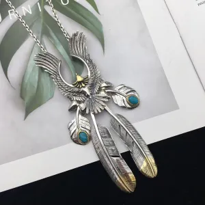 Real Solid 925 Sterling Silver Turquoise Necklace Pendant Animals Eagle Feather Punk Hip Hop Jewelry 22"-30"