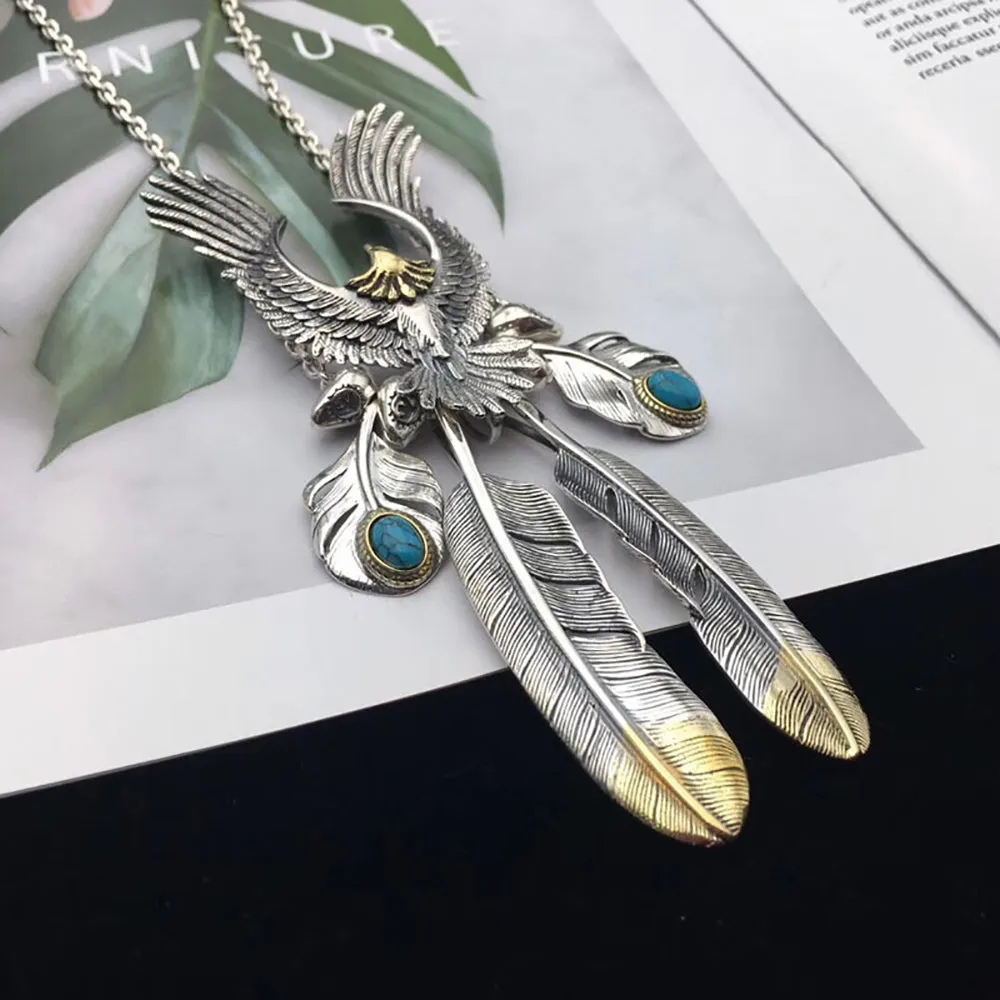 Real Solid 925 Sterling Silver Turquoise Necklace Pendant Animals Eagle Feather Punk Hip Hop Jewelry 22"-30"