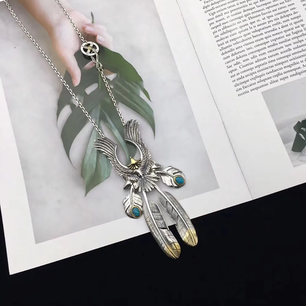 Real Solid 925 Sterling Silver Turquoise Necklace Pendant Animals Eagle Feather Punk Hip Hop Jewelry 22"-30"