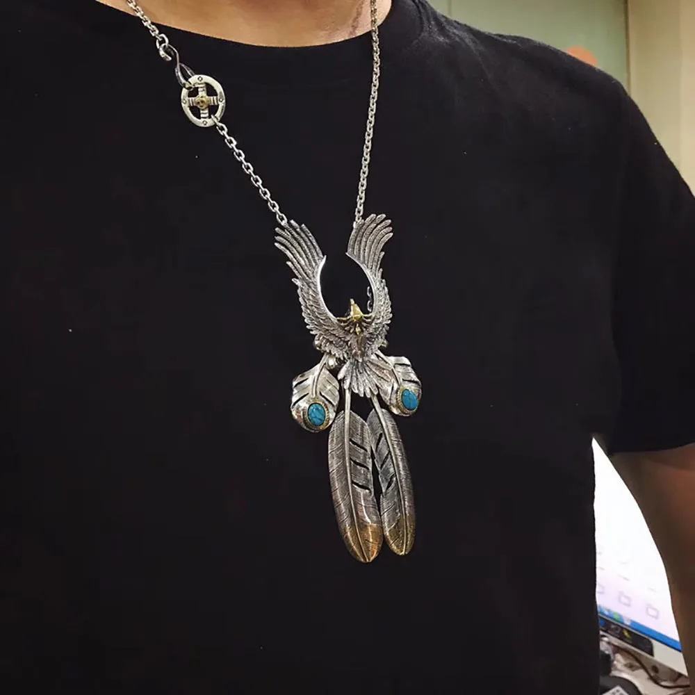 Real Solid 925 Sterling Silver Turquoise Necklace Pendant Animals Eagle Feather Punk Hip Hop Jewelry 22"-30"
