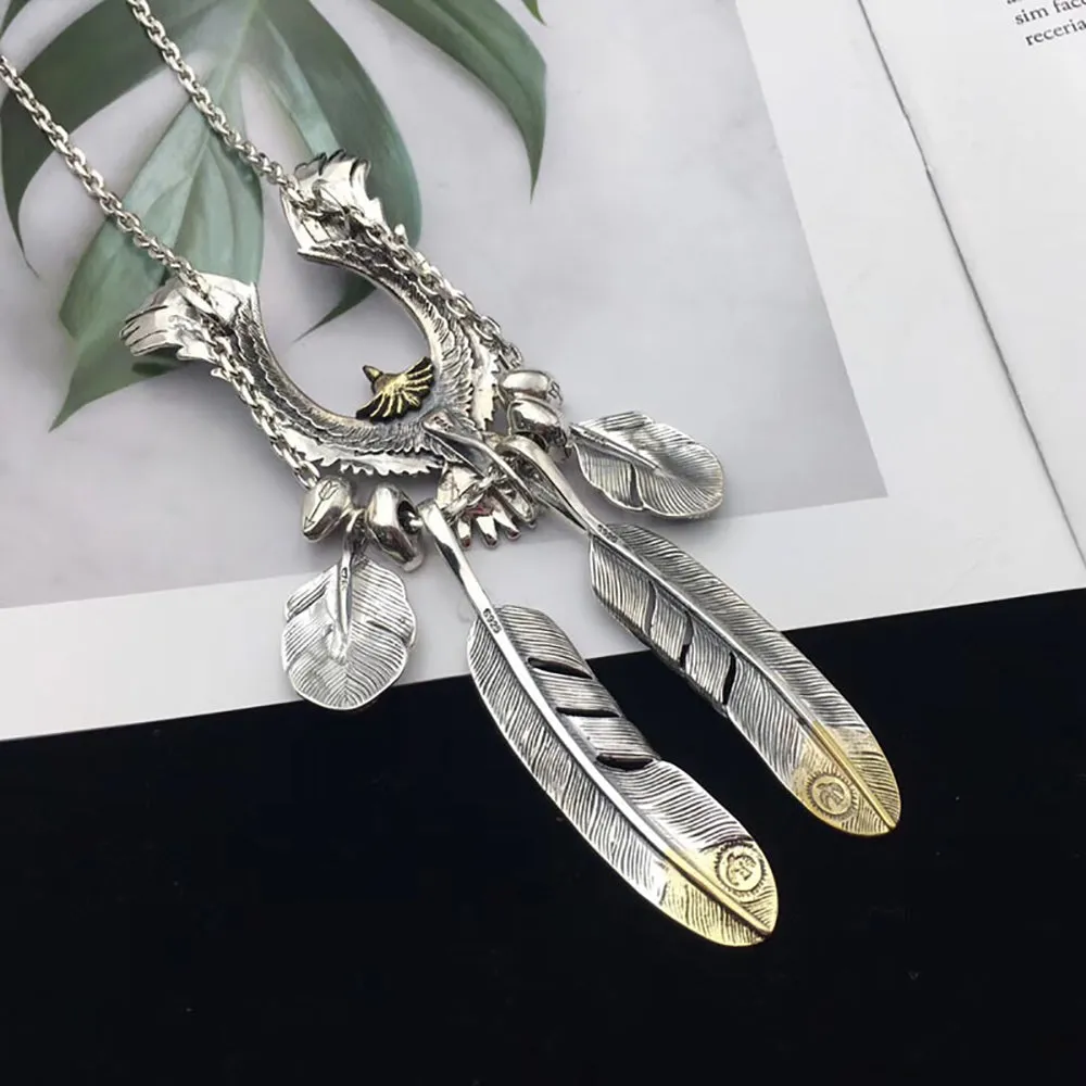 Real Solid 925 Sterling Silver Turquoise Necklace Pendant Animals Eagle Feather Punk Hip Hop Jewelry 22"-30"