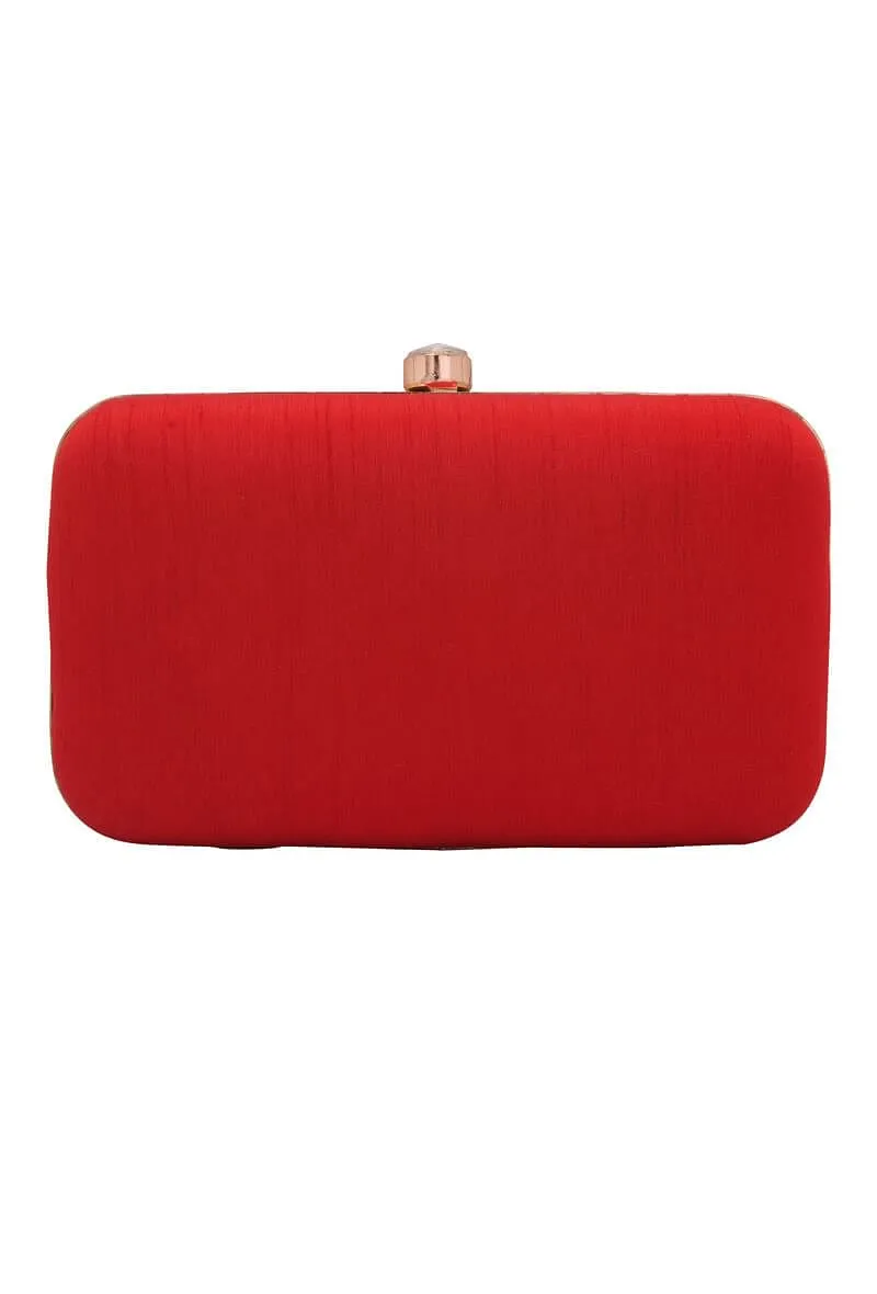 Red Dabka Zari Embroidery Silk Rectangular Clutch (8"x4.5"x2")