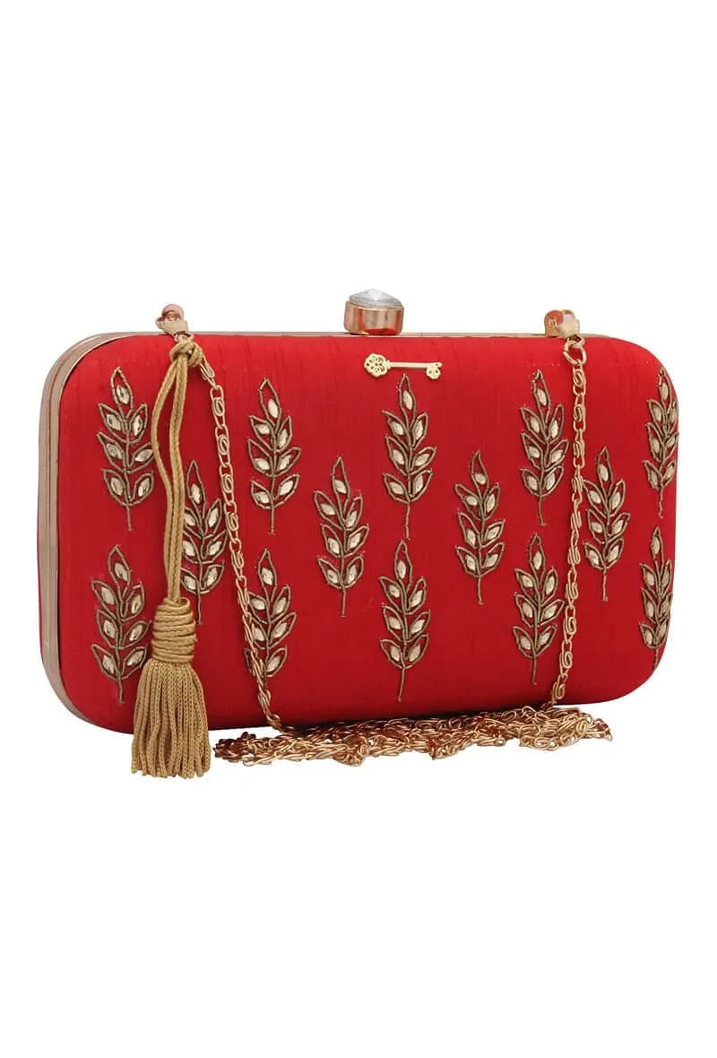 Red Dabka Zari Embroidery Silk Rectangular Clutch (8"x4.5"x2")