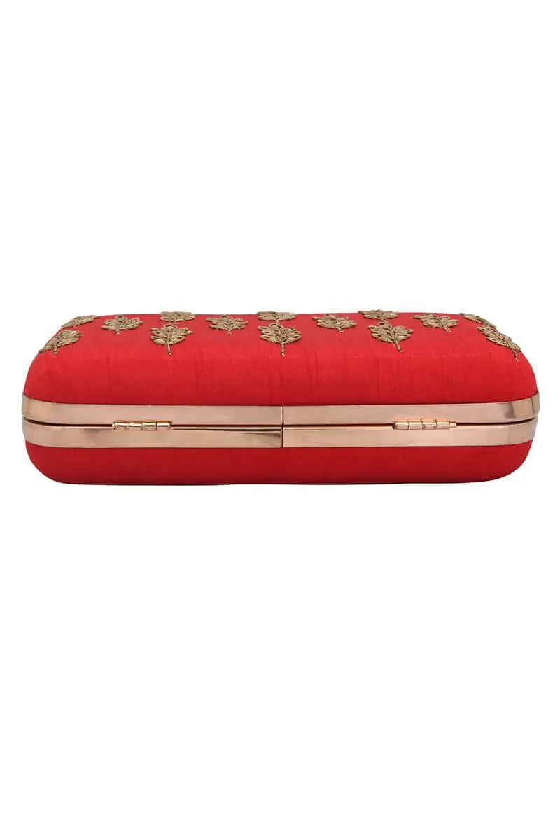 Red Dabka Zari Embroidery Silk Rectangular Clutch (8"x4.5"x2")