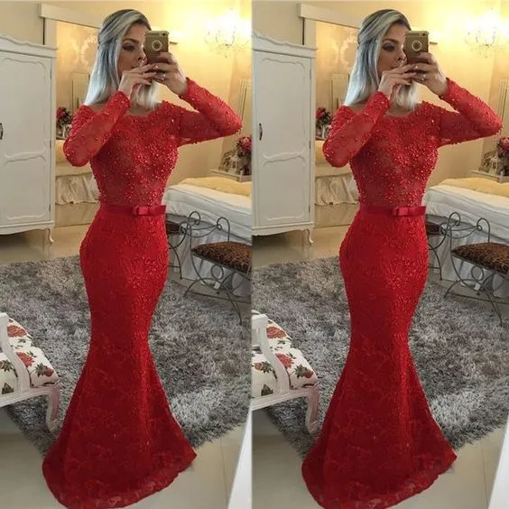 red evening dresses long sleeve lace applique mermaid beaded elegant modest cheap evening gown