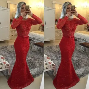 red evening dresses long sleeve lace applique mermaid beaded elegant modest cheap evening gown