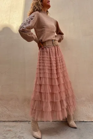 Regal Reverie Tiered Elastic Waist Tulle Maxi Skirt