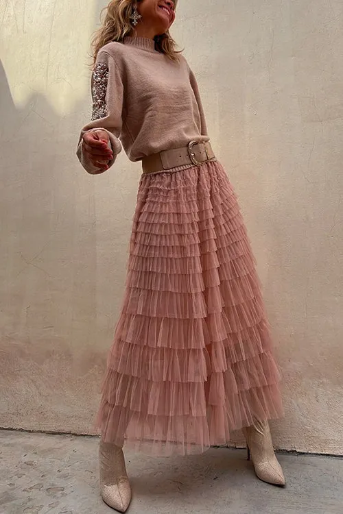 Regal Reverie Tiered Elastic Waist Tulle Maxi Skirt