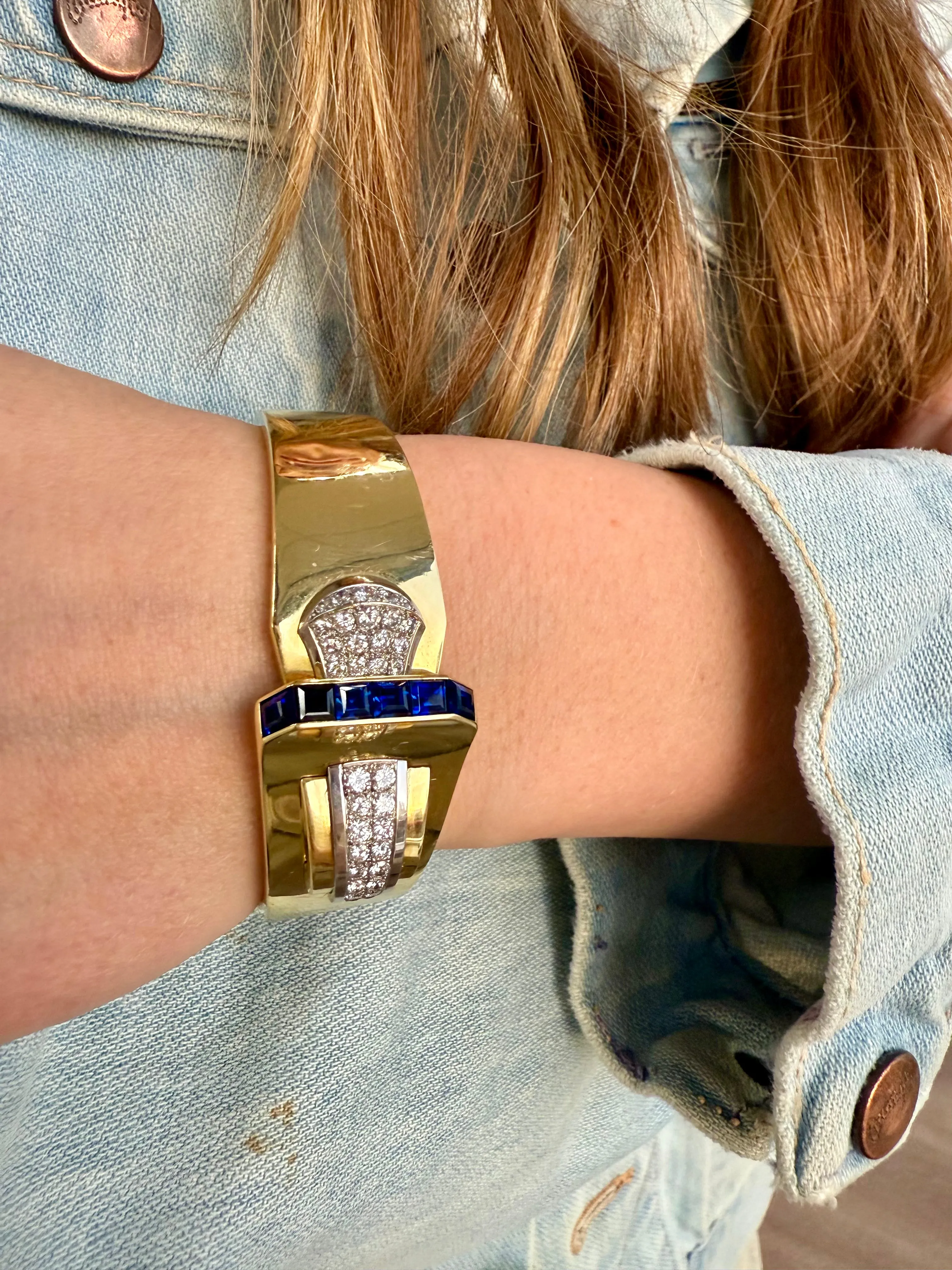 Retro Diamond & Blue Sapphire Bangle Bracelet, Two Tone 18k & Platinum