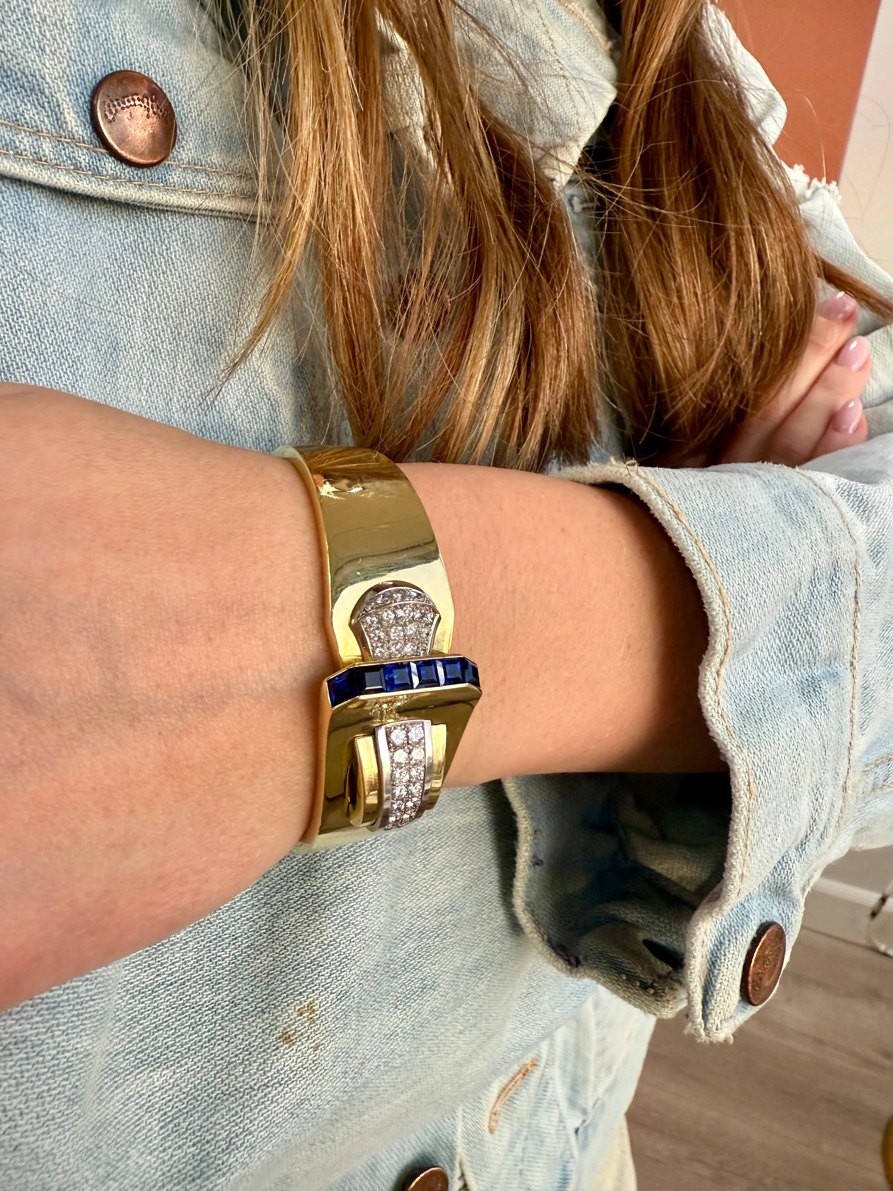 Retro Diamond & Blue Sapphire Bangle Bracelet, Two Tone 18k & Platinum