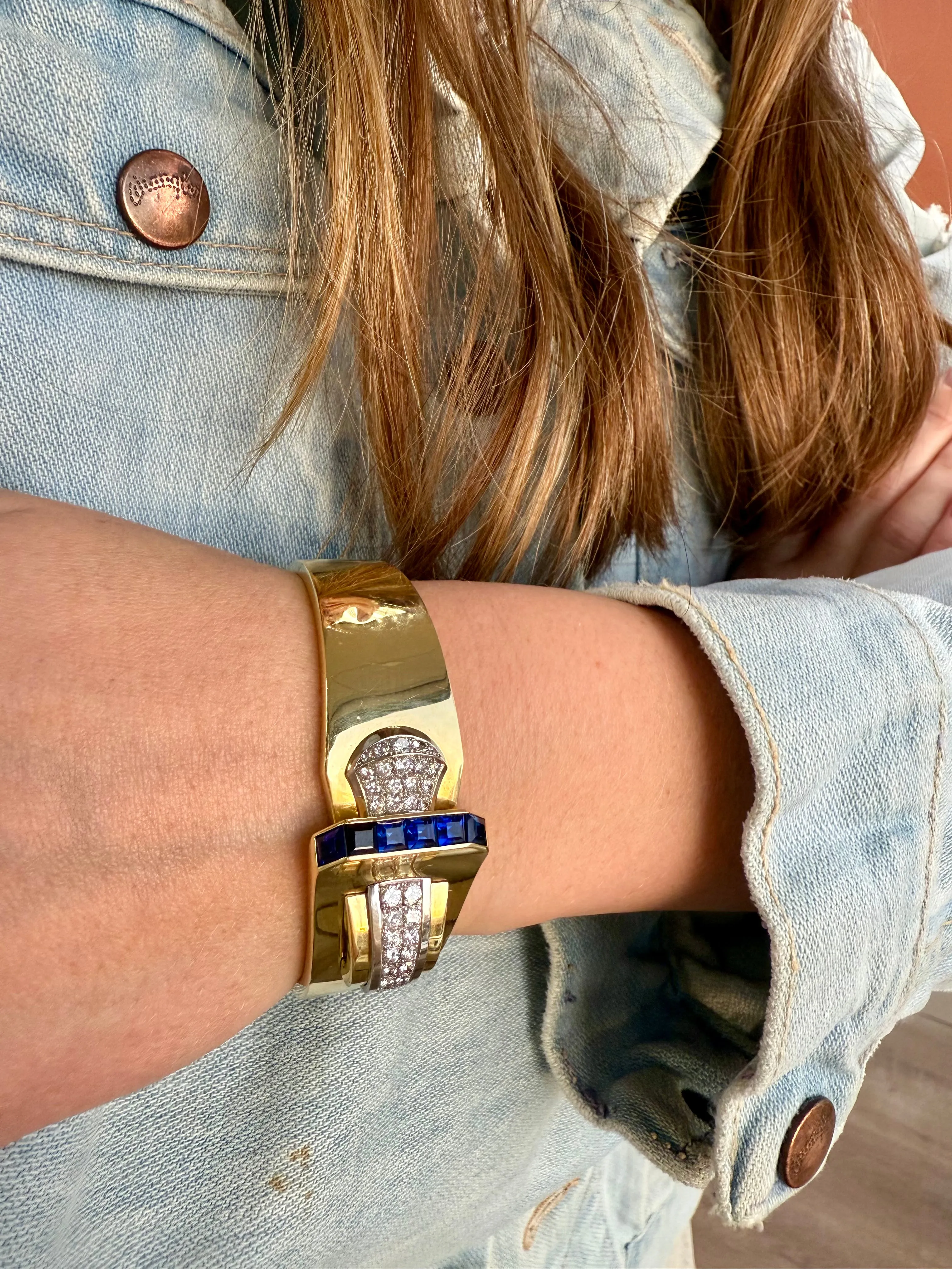 Retro Diamond & Blue Sapphire Bangle Bracelet, Two Tone 18k & Platinum