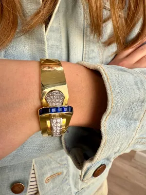Retro Diamond & Blue Sapphire Bangle Bracelet, Two Tone 18k & Platinum