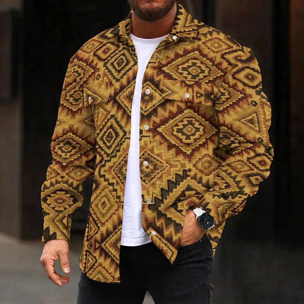 Retro Geometric Art Print Double Pocket Denim Jacket 2412000811