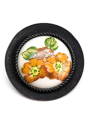 Retro painted porcelain orange poppy flowers japanned vintage brooch