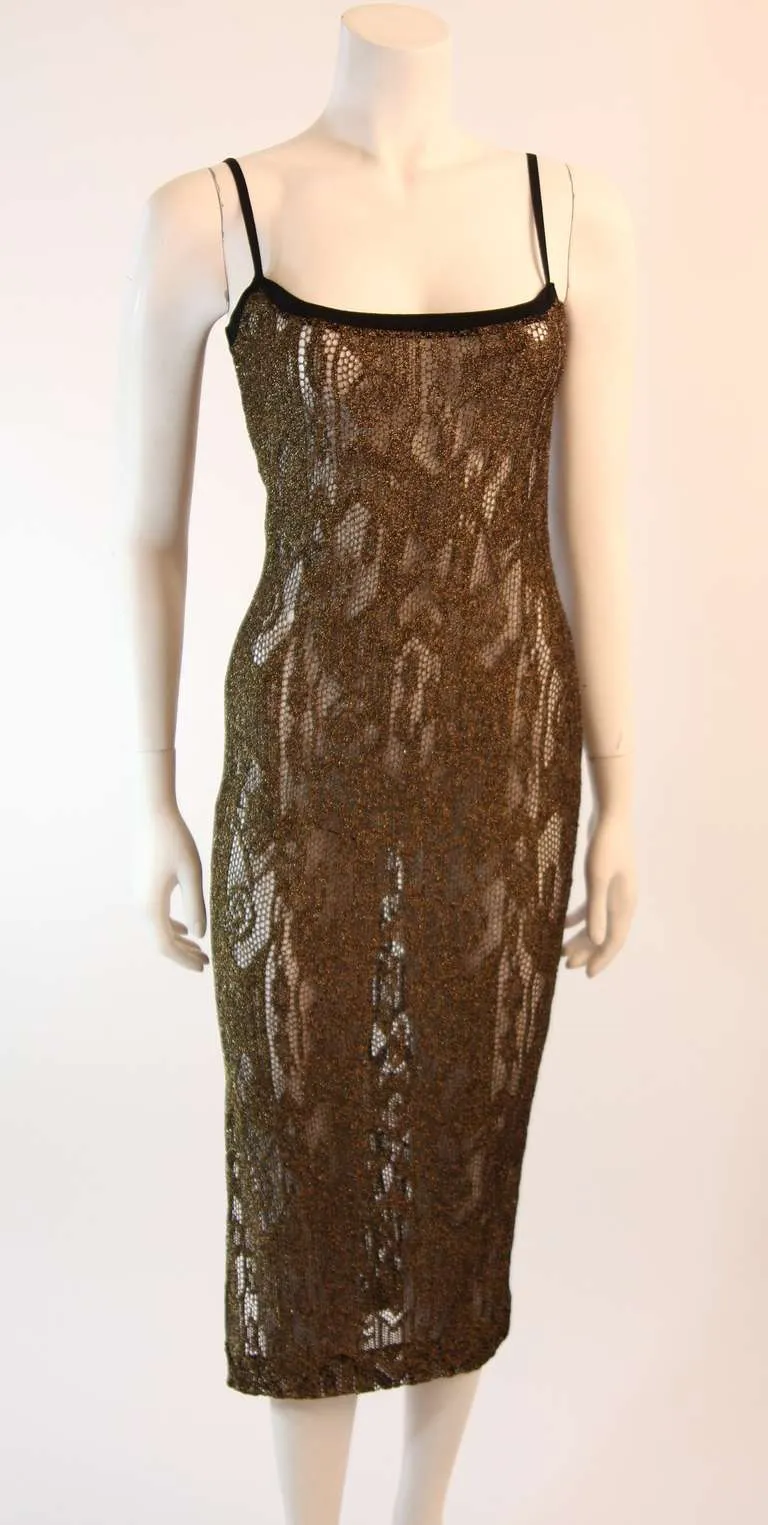 RIFAT OZBEK Sheer Gold Metallic Knit Dress