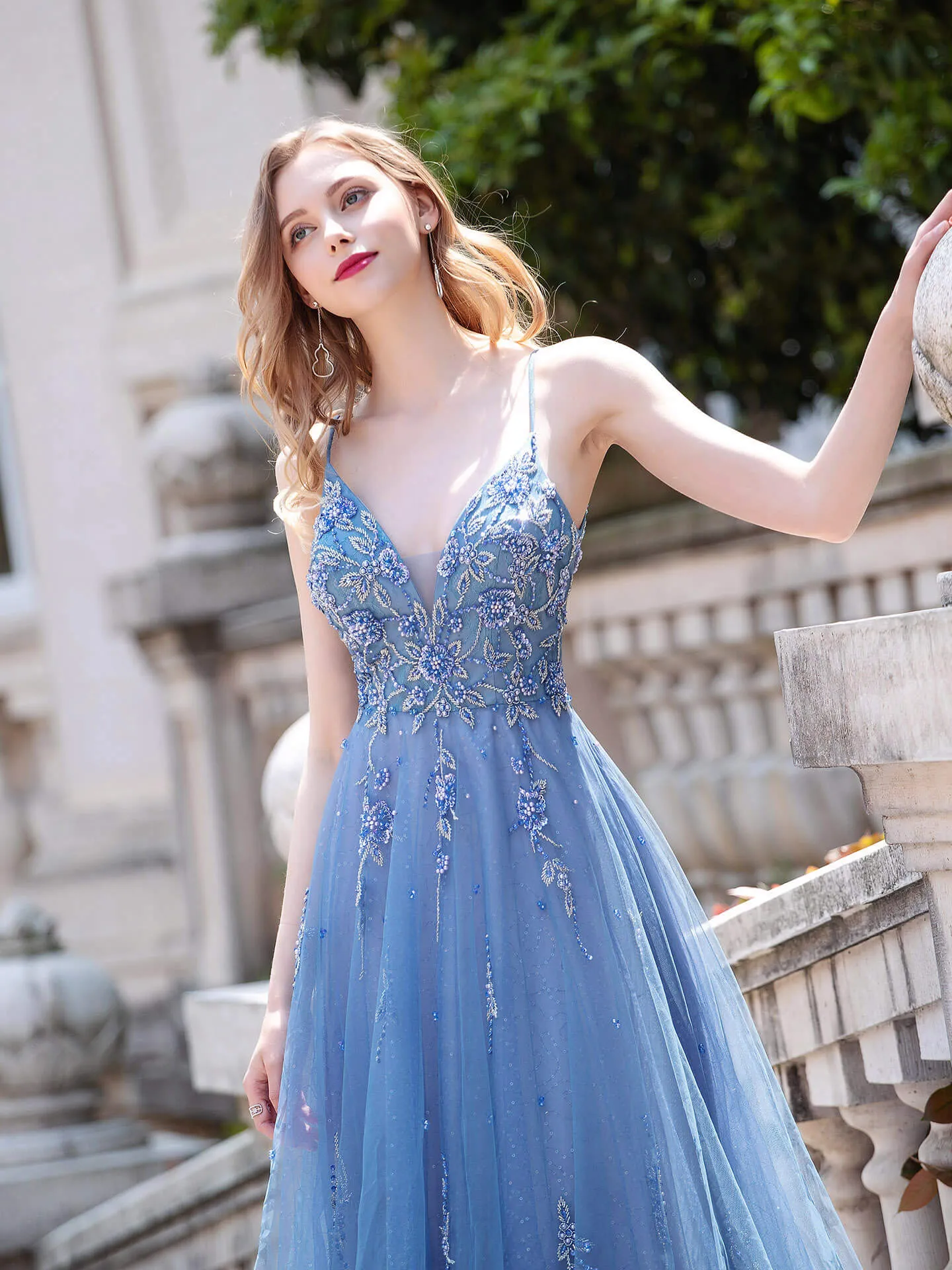 Roycebridal A-line Tulle Luxurious Sexy Formal Evening Dresses Spaghetti Strap Sleeveless Floor Length