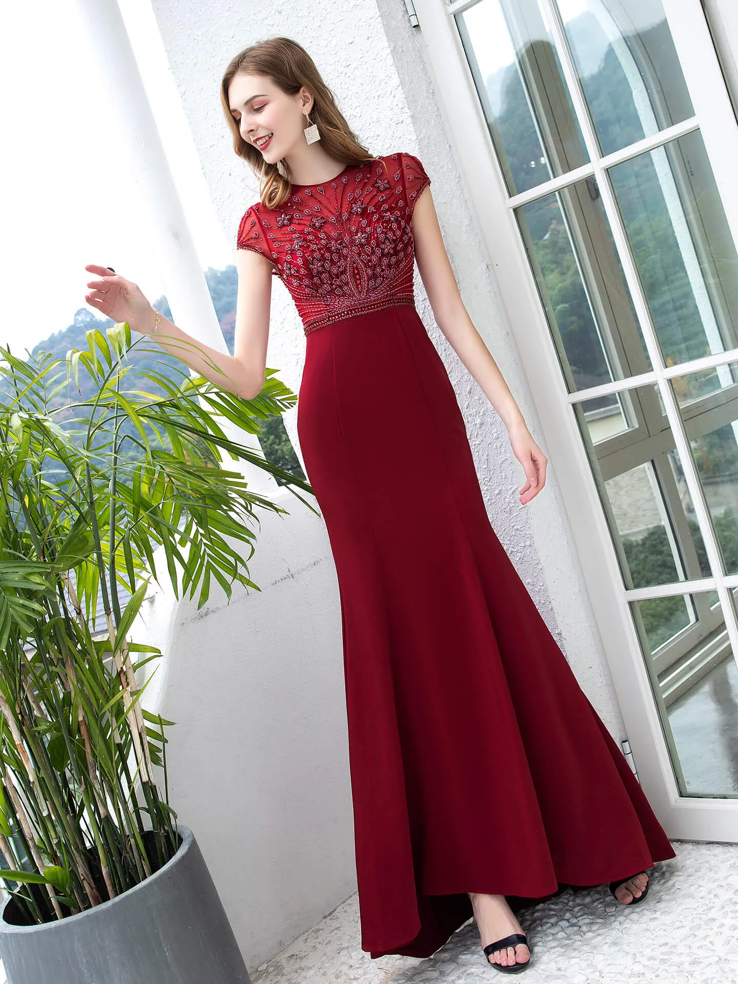Roycebridal Mermaid / Trumpet Max Chiffon Beaded Luxurious Sexy Formal Evening Dresses Cap Sleeves Floor Length