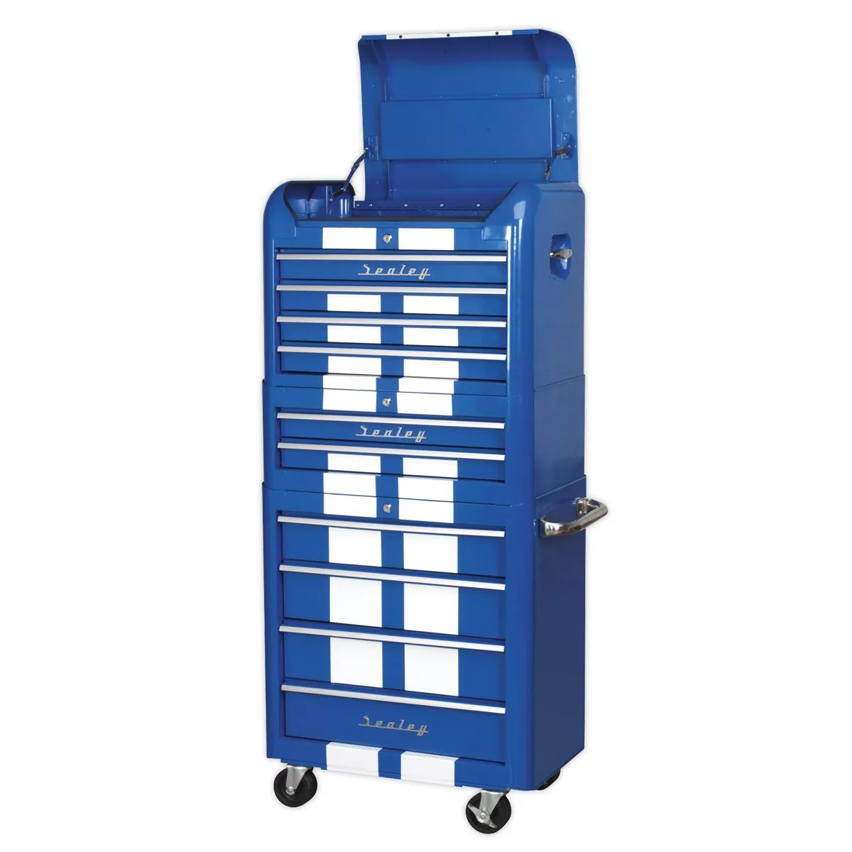Sealey Premier Retro Style Topchest, Mid-Box Tool Chest & Rollcab Combination 10 Drawer Blue/White Stripes