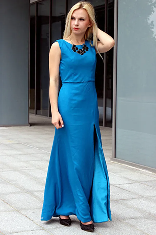 Sheath Small Round Collar Front Slit Floor Length Chiffon Evening Dress