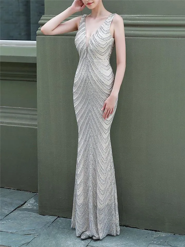 Shiny Sequin Mermaid Backless Formal Gowns