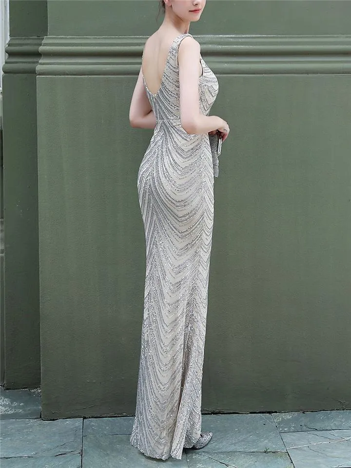 Shiny Sequin Mermaid Backless Formal Gowns