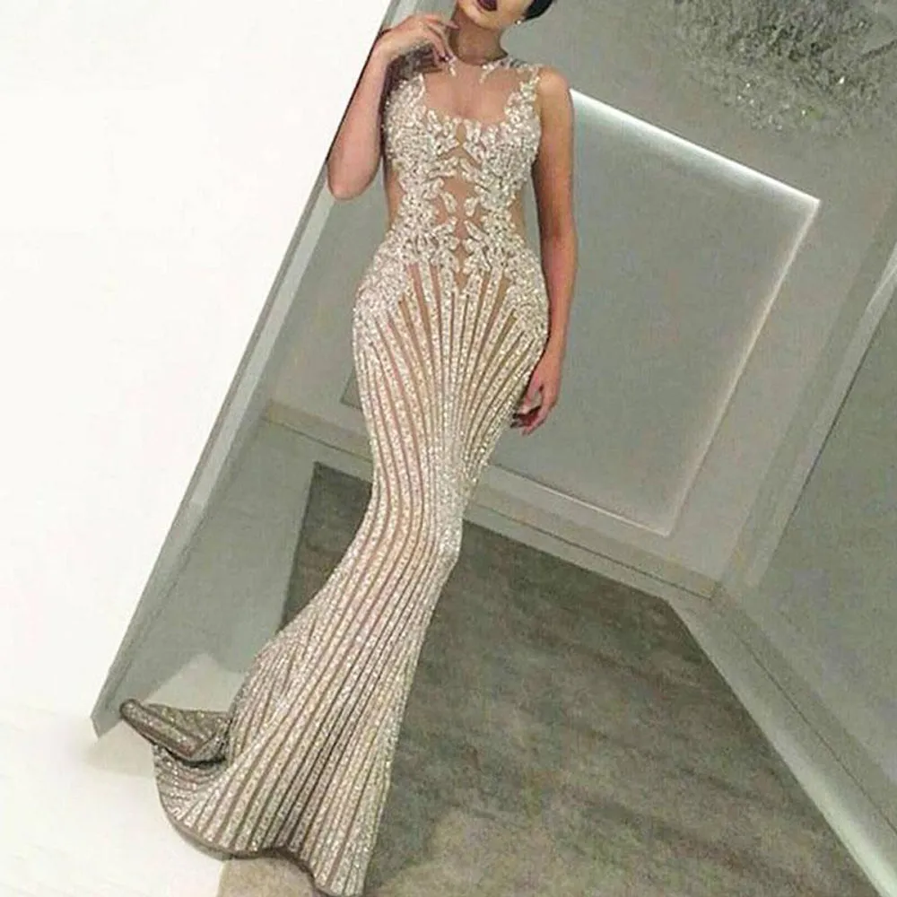 silver evening dresses long sleeveless sparkly mermaid modest sexy formal evening gown 2021