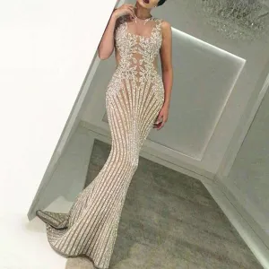 silver evening dresses long sleeveless sparkly mermaid modest sexy formal evening gown 2021
