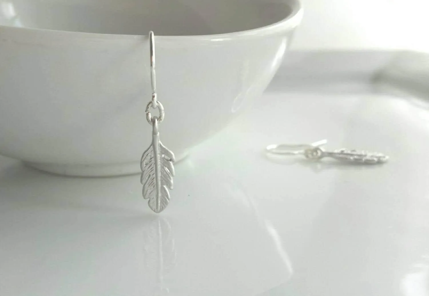 Silver Feather Earrings, tiny rhodium feather earring, small silver feather, matte rhodium feather, matte silver feather, little dangle hook