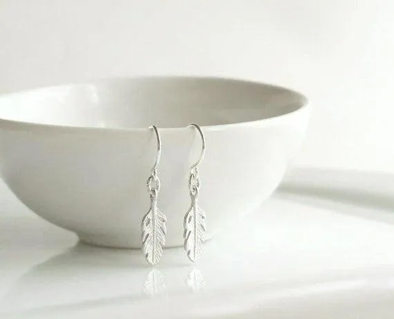 Silver Feather Earrings, tiny rhodium feather earring, small silver feather, matte rhodium feather, matte silver feather, little dangle hook