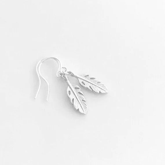 Silver Feather Earrings, tiny rhodium feather earring, small silver feather, matte rhodium feather, matte silver feather, little dangle hook
