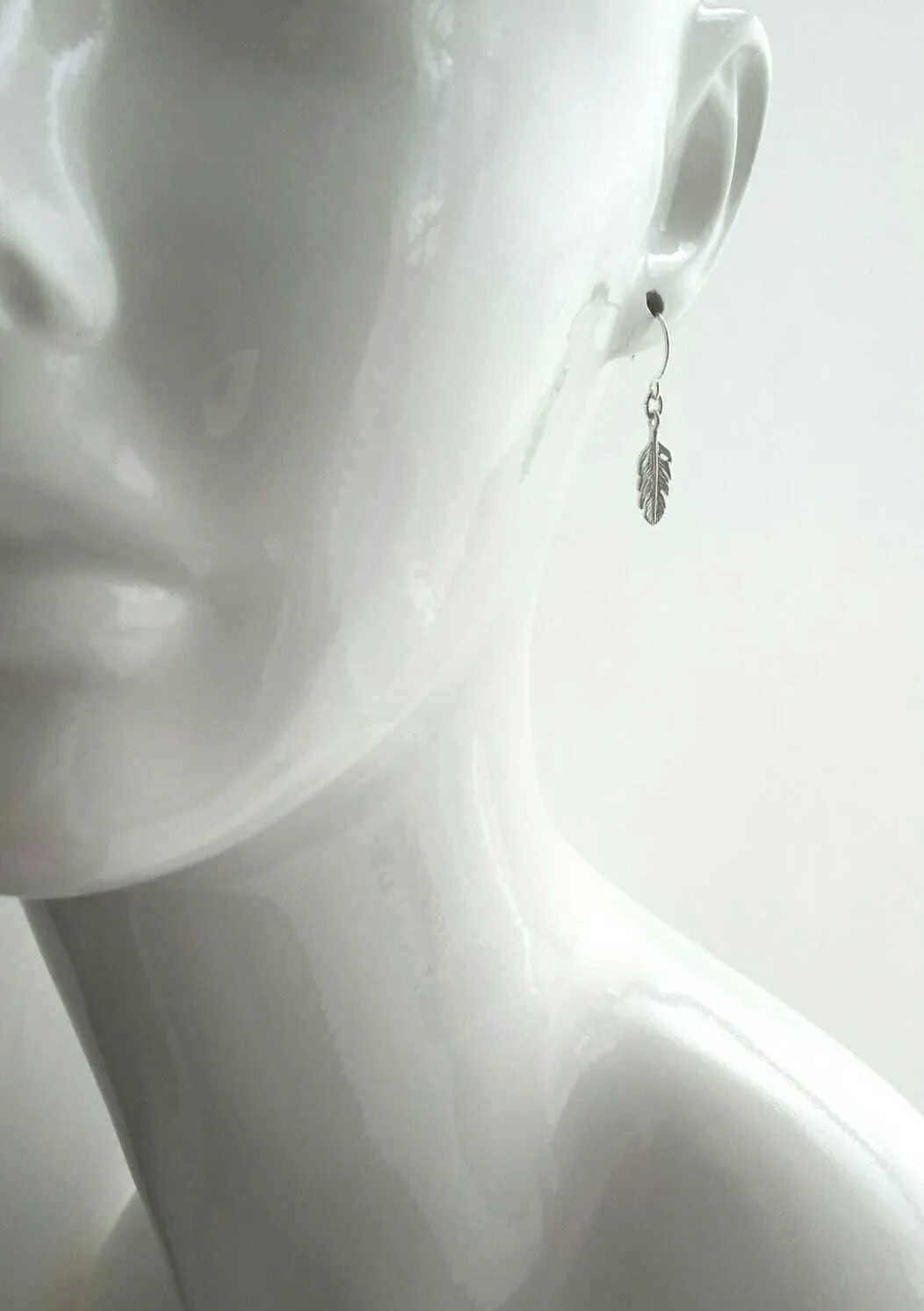 Silver Feather Earrings, tiny rhodium feather earring, small silver feather, matte rhodium feather, matte silver feather, little dangle hook