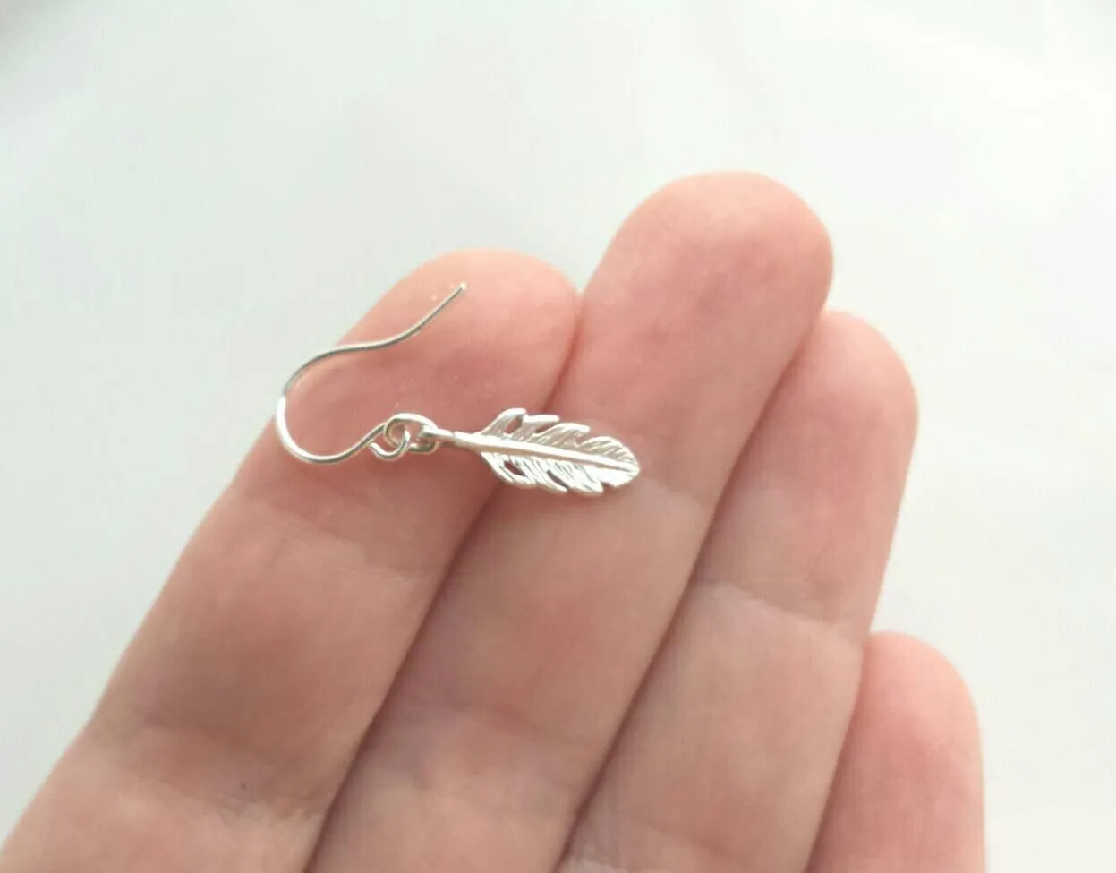 Silver Feather Earrings, tiny rhodium feather earring, small silver feather, matte rhodium feather, matte silver feather, little dangle hook