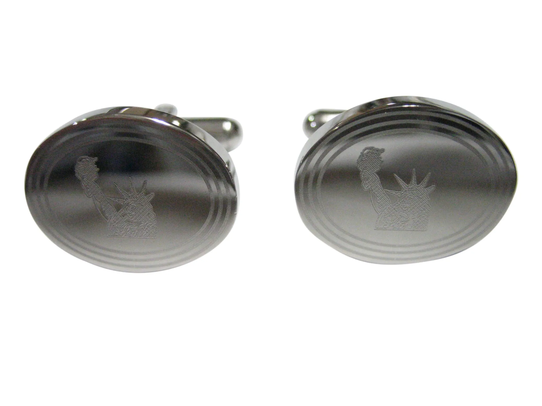 Silver Toned Etched Oval Iconic Statue of Liberty Cufflinks
